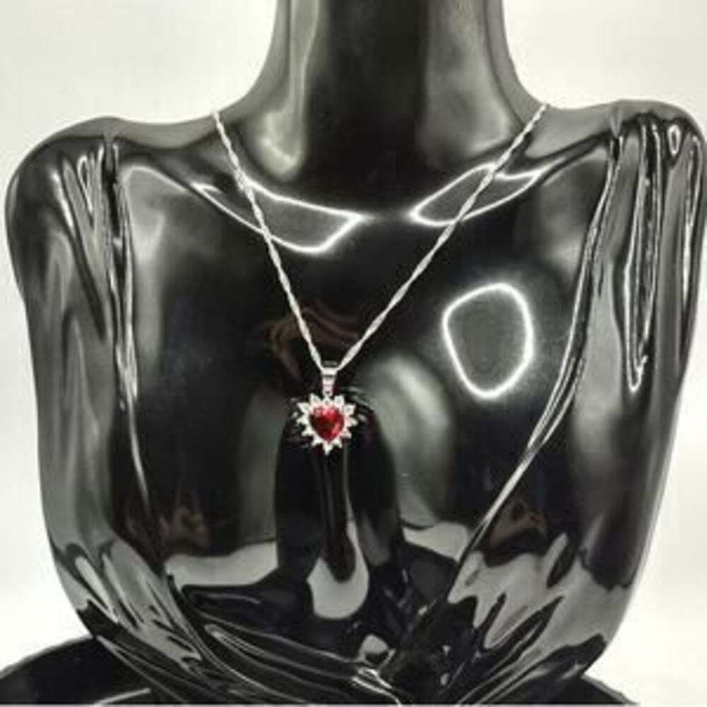 925 Sterling Silver Necklace w/ Heart Pendant Synthetic Ruby & Diamond Valentine